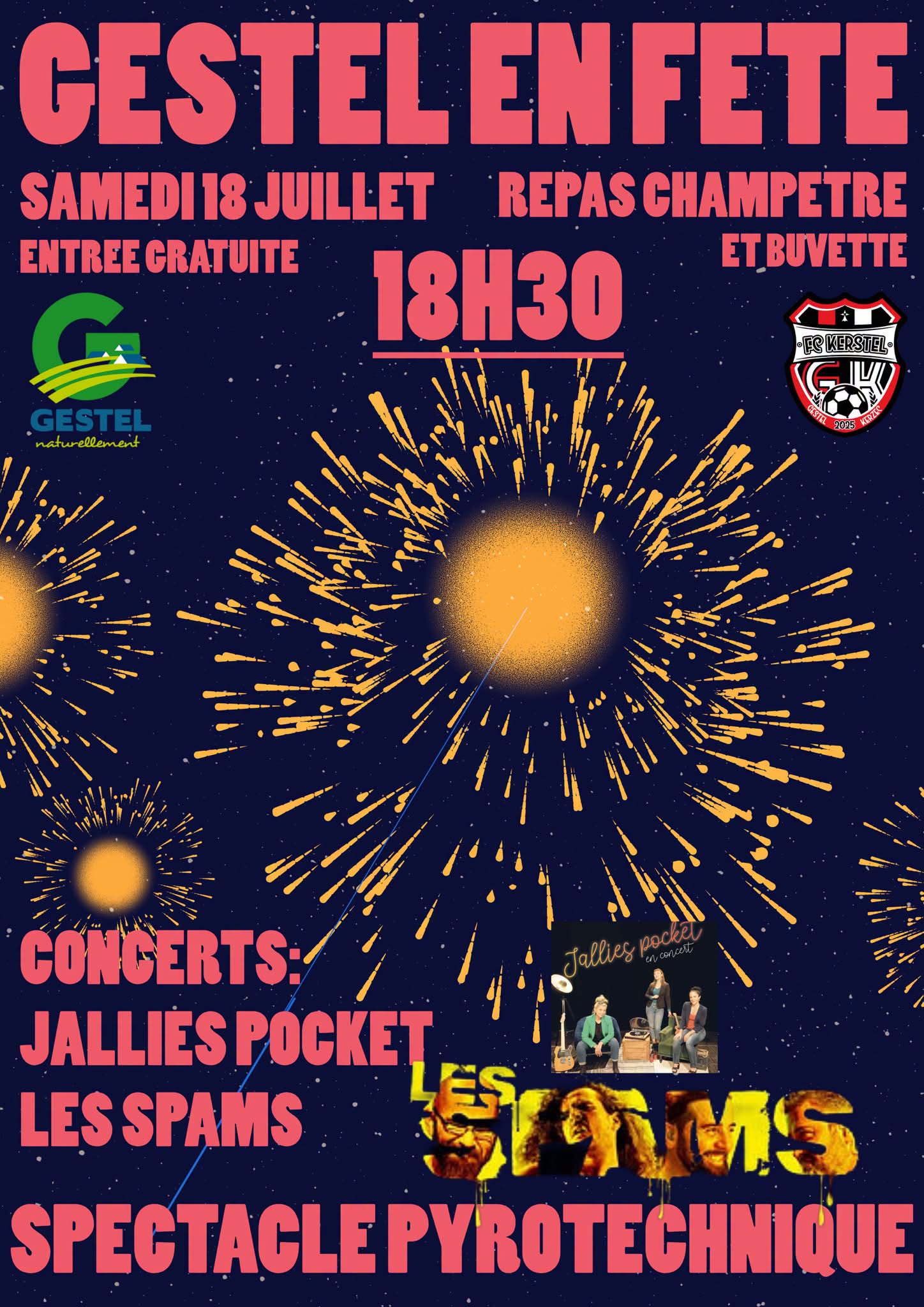 Affiche Gestel en Fête - Samedi 18 Juillet 2026, 18h30, entrée gratuite, repas champêtre et buvette, concerts Jallies Pocket et Les Spams, spectacle pyrotechnique